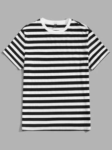 Manfinity VCAY Áo thun nam vừa vặn cổ tròn trễ vai tay ngắn thường ngày mùa hè Polyester - Đen và trắng - Xem 5