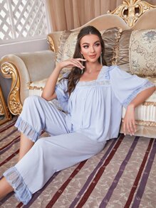 Bộ đồ ngủ Nữ Tương phản ren Buộc lại màu trơn Hoàng gia - Màu xanh nhạt - Xem 3