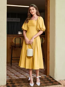 Seusyu Square Neck Stereo Flower Puff Sleeve Dress - Yellow - View 1