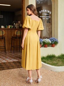 Seusyu Square Neck Stereo Flower Puff Sleeve Dress - Yellow - View 2