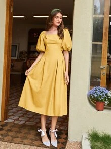 Seusyu Square Neck Stereo Flower Puff Sleeve Dress - Yellow - View 4