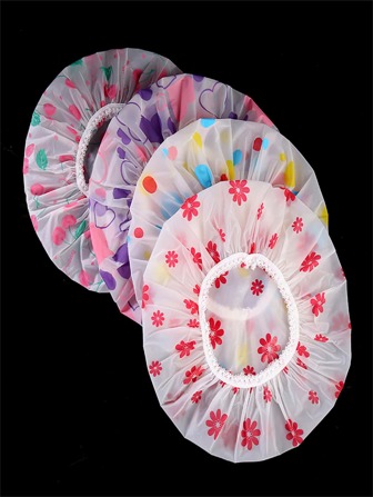 4pcs Floral Print Waterproof Shower Cap, Elastic Reusable Bathing Hair Cap For Bathroom