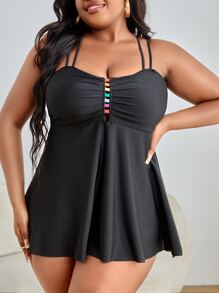 SHEIN Swim Curve Plus Size Ruched Cut Out Swim Dress,Summer Beach - Black - View 1