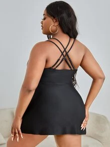SHEIN Swim Curve Plus Size Ruched Cut Out Swim Dress,Summer Beach - Black - View 2
