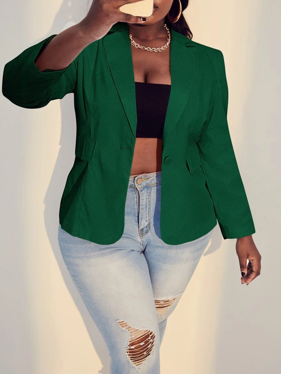 Slaydiva 大碼西裝領單釦西裝外套 - 墨綠色 - 查看 1