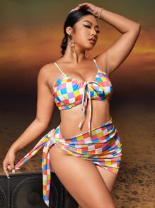 加大尺碼方格印花打結前高腰比基尼套裝和沙灘裙，夏季沙灘必備 - 彩色 - 查看 1