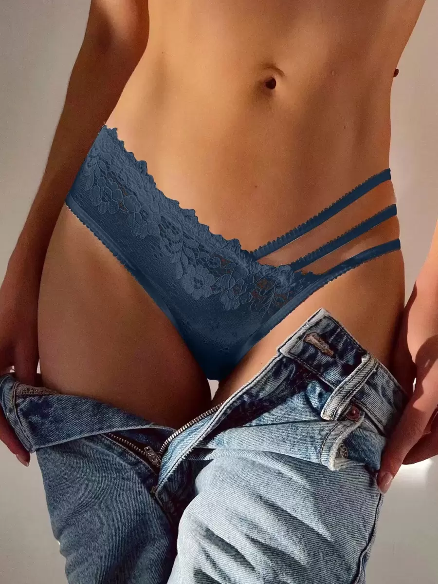 Cut Out Floral Lace Panty - Navy Blue - View 1