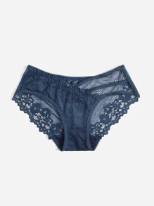 Cut Out Floral Lace Panty - Navy Blue - View 3