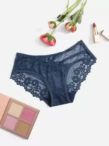Cut Out Floral Lace Panty - Navy Blue - View 6