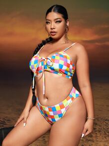 加大尺碼方格印花打結前高腰比基尼套裝和沙灘裙，夏季沙灘必備 - 彩色 - 查看 3