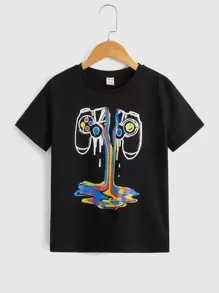 SHEIN Camiseta Impresa Para Niños Tween Con Controlador De Juego, Simple Y Cómoda, Adecuada Para Uso Diario En Verano - Negro - Ver 1