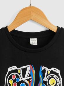 SHEIN Camiseta Impresa Para Niños Tween Con Controlador De Juego, Simple Y Cómoda, Adecuada Para Uso Diario En Verano - Negro - Ver 3