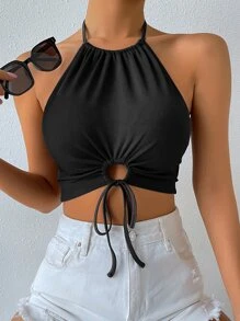Chiquease Drawstring Knot Front Rib-knit Crop Halter Top - Black - View 1