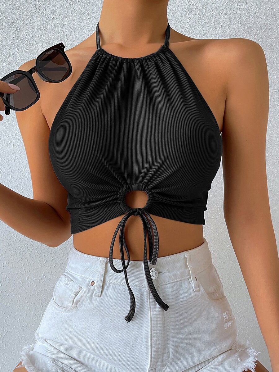 Chiquease Drawstring Knot Front Rib-knit Crop Halter Top - Black - View 1