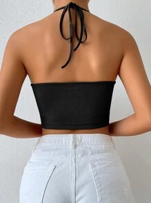 Chiquease Drawstring Knot Front Rib-knit Crop Halter Top - Black - View 2
