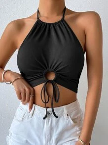Chiquease Drawstring Knot Front Rib-knit Crop Halter Top - Black - View 3