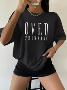 SHEIN Unity Drop Shoulder Letter Embroidery Top - Black - View 1