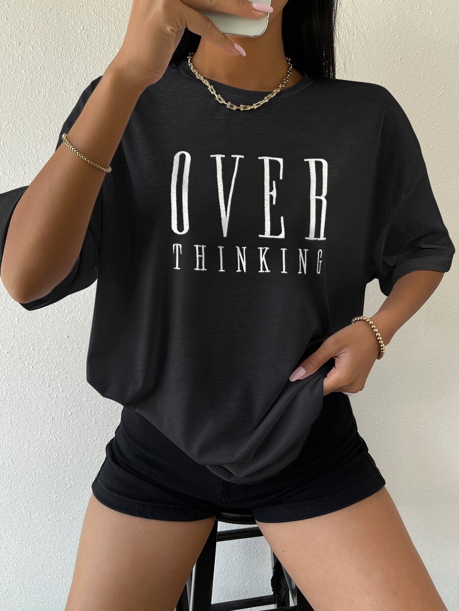 SHEIN Unity Drop Shoulder Letter Embroidery Top - Black - View 1