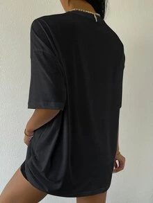 SHEIN Unity Drop Shoulder Letter Embroidery Top - Black - View 2