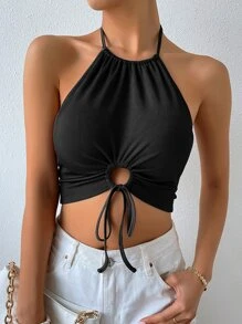 Chiquease Drawstring Knot Front Rib-knit Crop Halter Top - Black - View 4
