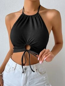 Chiquease Drawstring Knot Front Rib-knit Crop Halter Top - Black - View 6