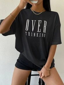 SHEIN Unity Drop Shoulder Letter Embroidery Top - Black - View 3