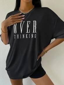 SHEIN Unity Drop Shoulder Letter Embroidery Top - Black - View 5