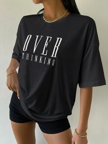 SHEIN Unity Drop Shoulder Letter Embroidery Top - Black - View 6