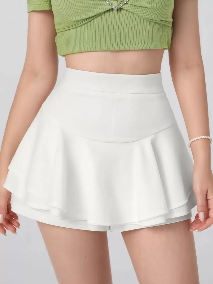 SHEIN MOD High Waist Layered Ruffle Trim White Summer Skort - White - View 1