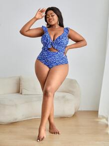 SHEIN Swim Curve taglie forti Costume intero con stampa fiorellini con bordo a volant scavato con nodo frontale - Blu - Visualizzare 5