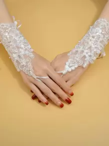 1 Par de Luvas Sem Dedos de Renda para Noiva e Casamento, Luvas Curtas Decoradas com Pérolas Ajustáveis para Acessórios de Fotografia de Casamento e Outono