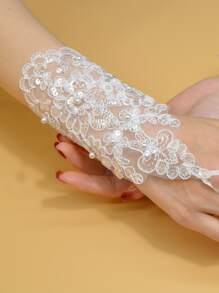 1 Par de Luvas Sem Dedos de Renda para Noiva e Casamento, Luvas Curtas Decoradas com Pérolas Ajustáveis para Acessórios de Fotografia de Casamento e Outono