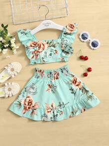SHEIN Young Girl Floral Print Ruffle Trim Top & Paperbag Waist Skirt - Green - View 1