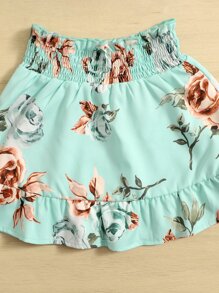 SHEIN Young Girl Floral Print Ruffle Trim Top & Paperbag Waist Skirt - Green - View 3