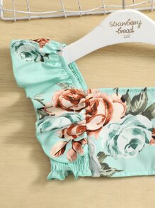 SHEIN Young Girl Floral Print Ruffle Trim Top & Paperbag Waist Skirt - Green - View 4