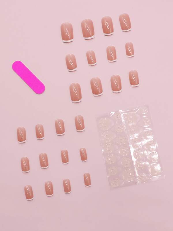 24pcs Jelly Pink Fake Nail With Milk White Edge Decal, PressOn