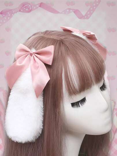 2 piezas Clips de pelo con adorno de orejas de conejo y moño, para San Valentín