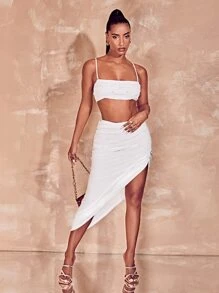 SHEIN BAE Pearls Beaded Crop Cami Top & Ruched Side Asymmetrical Hem Skirt - White - View 5