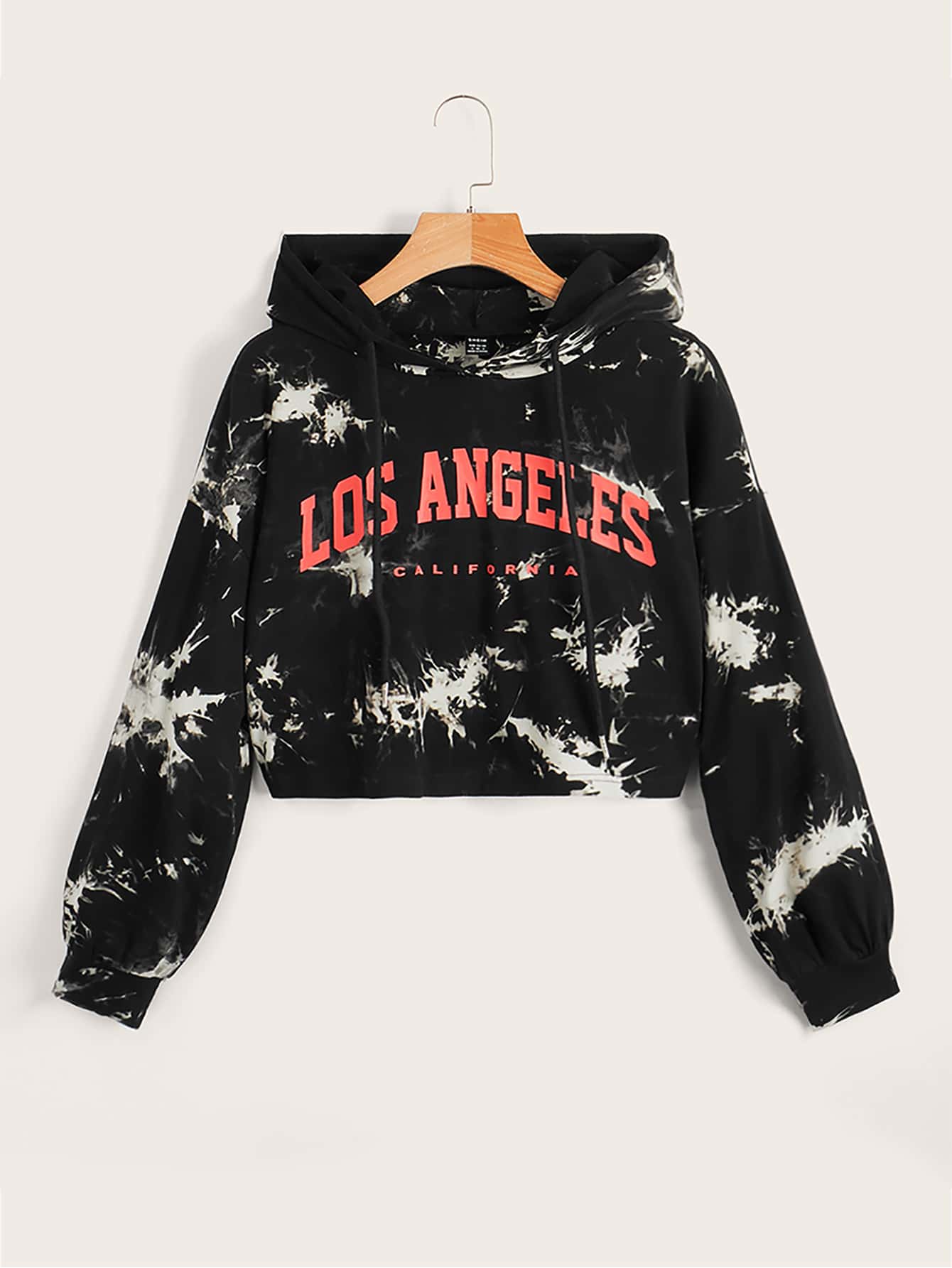 SHEIN EZwear Letter Graphic Tie Dye Drop Shoulder Drawstring Hoodie - Black - View 1
