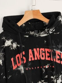 SHEIN EZwear Letter Graphic Tie Dye Drop Shoulder Drawstring Hoodie - Black - View 3