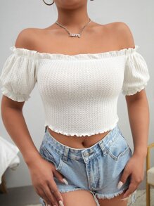 Soleia Off Shoulder Frill Trim Crop Tee - White - View 2
