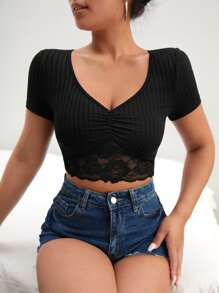 SHEIN SXY 褶邊蕾絲邊短款T恤 - 黑色 - 查看 2