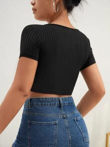 SHEIN SXY 褶邊蕾絲邊短款T恤 - 黑色 - 查看 3