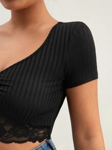 SHEIN SXY 褶邊蕾絲邊短款T恤 - 黑色 - 查看 4