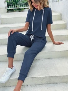 SHEIN LUNE 抽繩連帽T恤和褲子 - 藏蓝色 - 查看 1