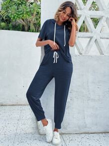 SHEIN LUNE 抽繩連帽T恤和褲子 - 藏蓝色 - 查看 6