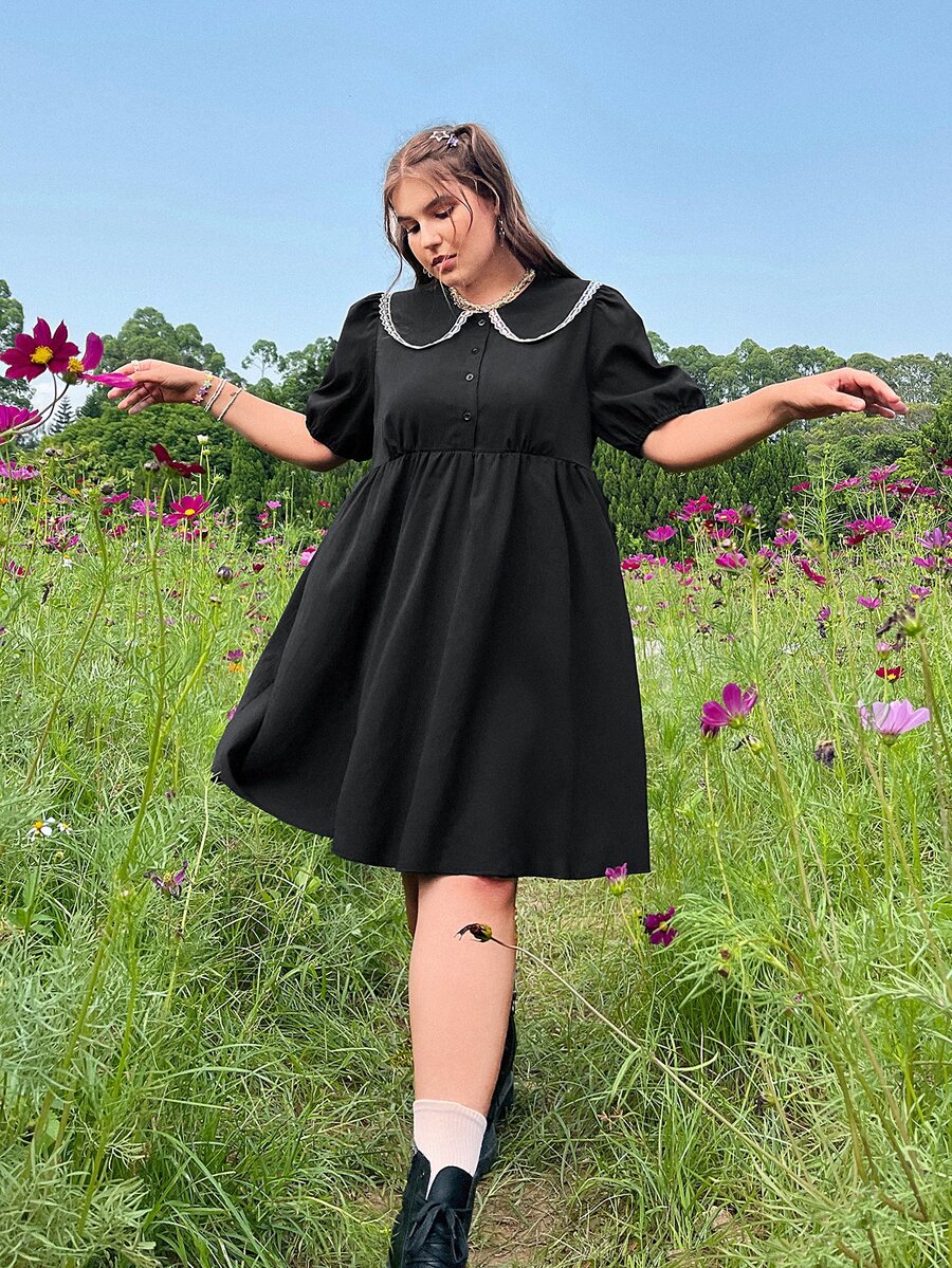 Vestido de manga farol de cuello bobo - Negro - Ver 1