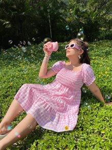 Vestido de guingán con fruncido de manga farol bajo con fruncido - Multicolor - Ver 2