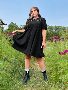 Vestido de manga farol de cuello bobo - Negro - Ver 3