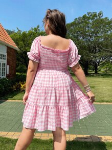 Vestido de guingán con fruncido de manga farol bajo con fruncido - Multicolor - Ver 3